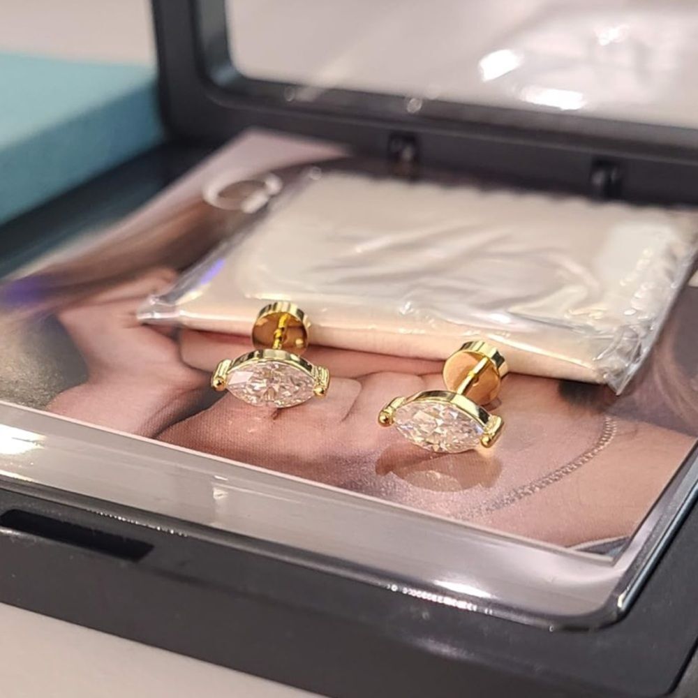 Marquise Cut Moissanite Stud Earrings 14K Gold Plated 925 Silver Screw Back VVS1